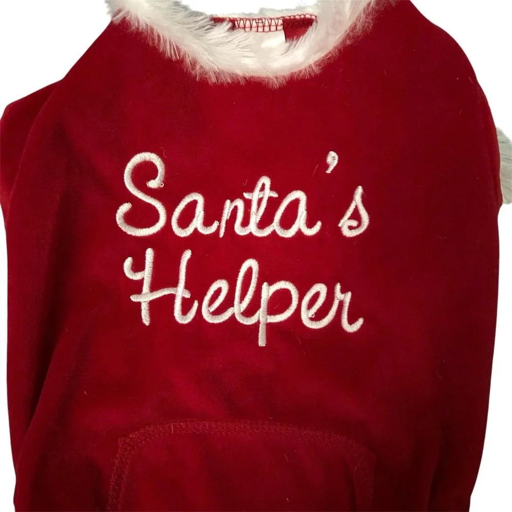 Pup Crew Santa’s Helper Red White Faux Velvet & Faux Fur Trim Dog Onesie